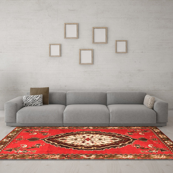Machine Washable Medallion Orange Traditional Area Rugs in a Living Room, wshtr1397org