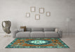 Machine Washable Medallion Turquoise Traditional Area Rugs in a Living Room,, wshtr1397turq