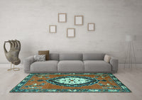 Machine Washable Medallion Turquoise Traditional Rug, wshtr1397turq