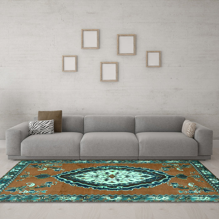 Machine Washable Medallion Turquoise Traditional Area Rugs in a Living Room,, wshtr1397turq