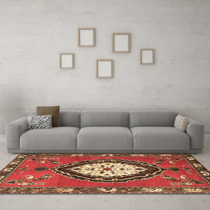 Machine Washable Medallion Brown Traditional Rug in a Living Room,, wshtr1397brn