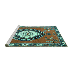 Sideview of Machine Washable Medallion Turquoise Traditional Area Rugs, wshtr1397turq