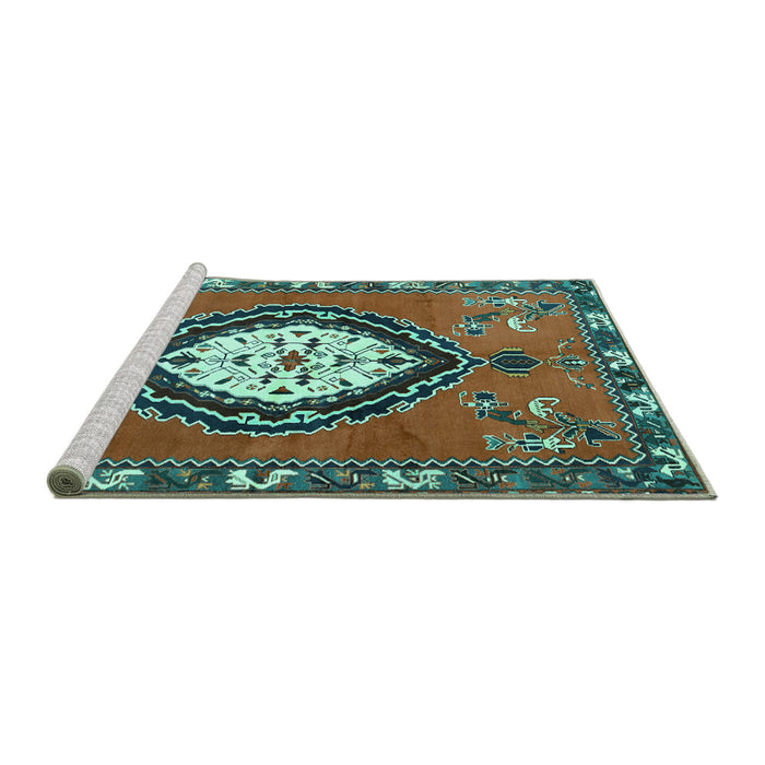Sideview of Machine Washable Medallion Turquoise Traditional Area Rugs, wshtr1397turq