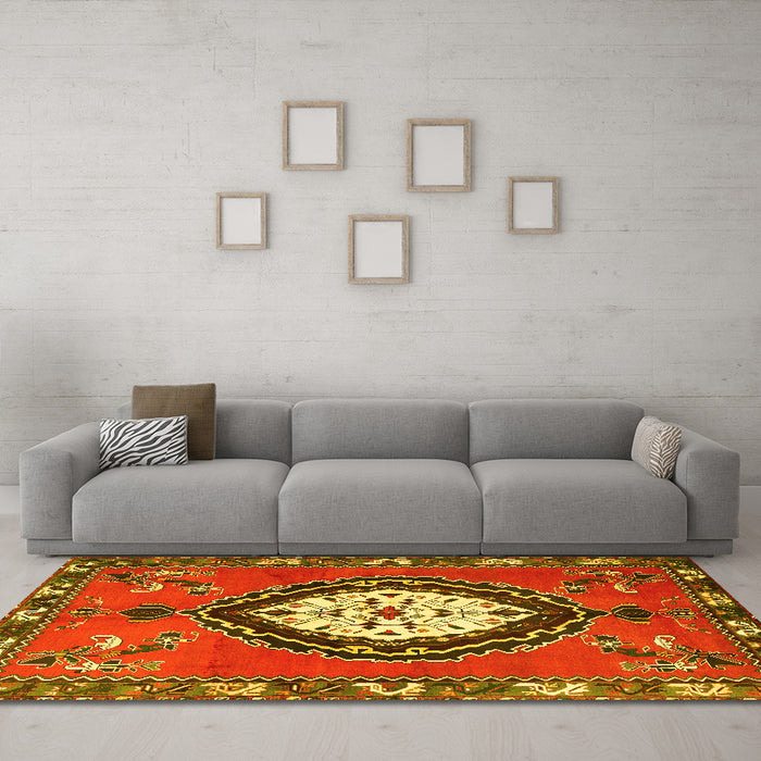 Machine Washable Medallion Yellow Traditional Rug in a Living Room, wshtr1397yw