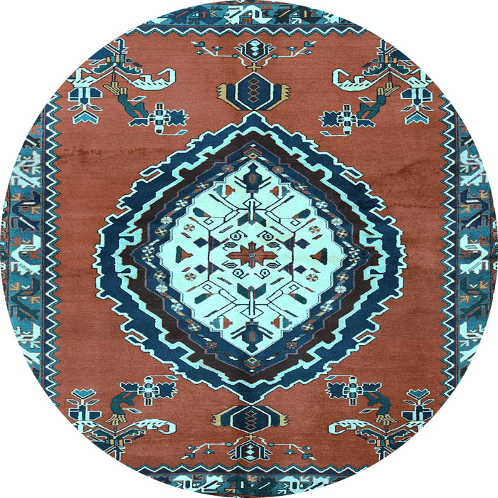 Round Machine Washable Medallion Light Blue Traditional Rug, wshtr1397lblu