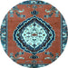 Round Machine Washable Medallion Light Blue Traditional Rug, wshtr1397lblu