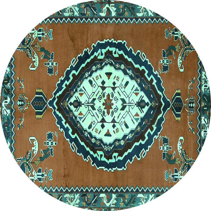 Round Machine Washable Medallion Turquoise Traditional Area Rugs, wshtr1397turq