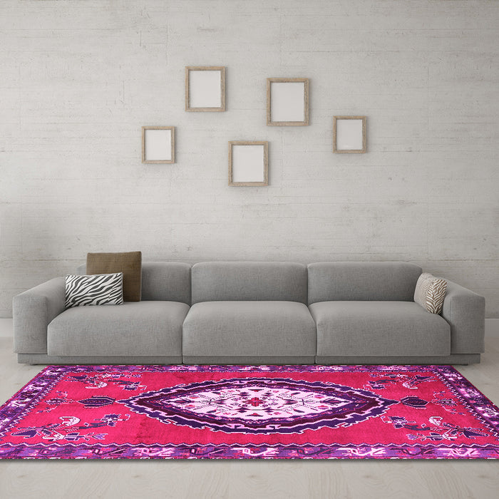 Machine Washable Medallion Pink Traditional Rug in a Living Room, wshtr1397pnk