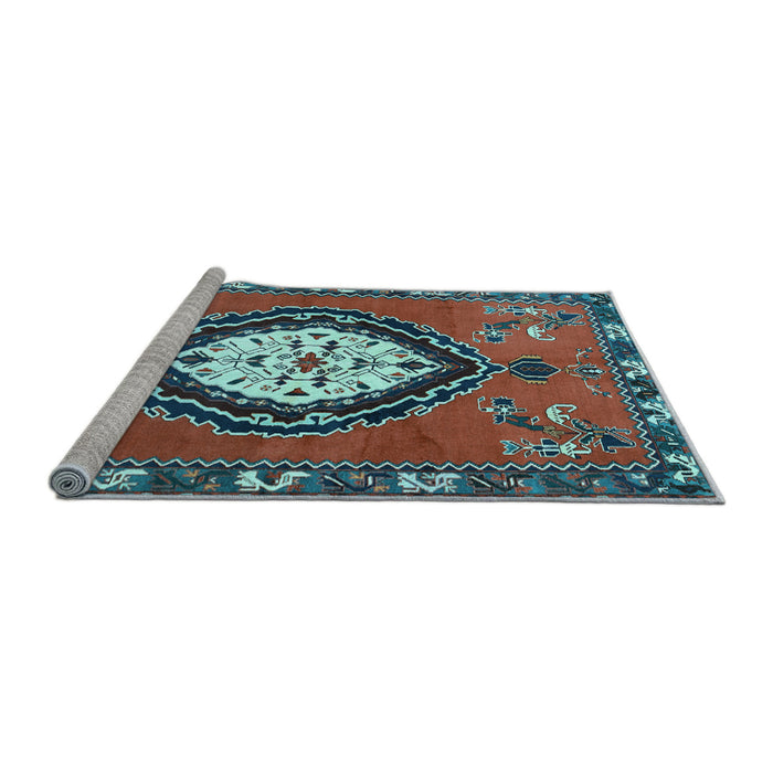 Sideview of Machine Washable Medallion Light Blue Traditional Rug, wshtr1397lblu
