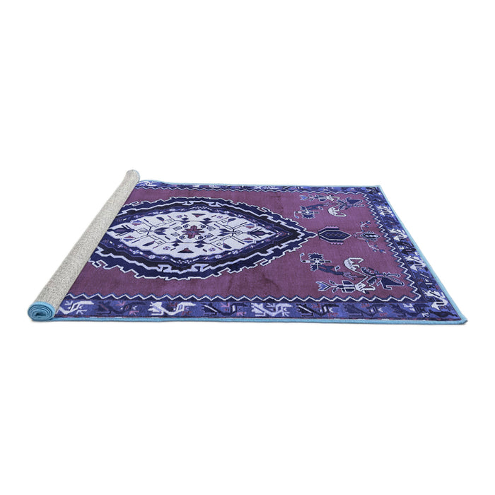 Sideview of Machine Washable Medallion Blue Traditional Rug, wshtr1397blu