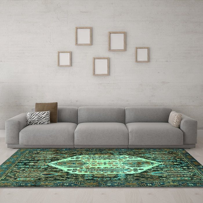 Machine Washable Persian Turquoise Traditional Area Rugs in a Living Room,, wshtr1398turq