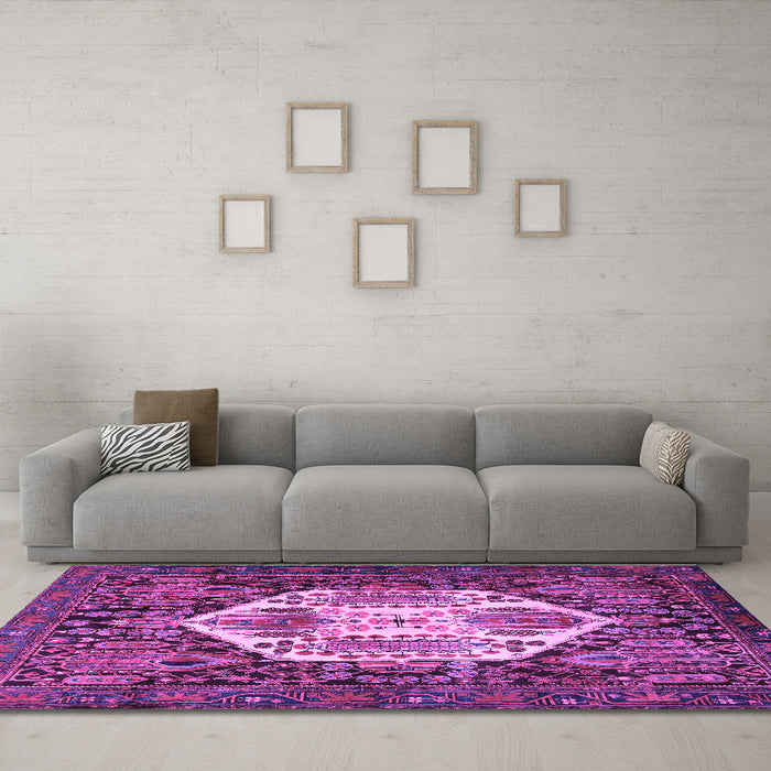 Machine Washable Persian Purple Traditional Area Rugs in a Living Room, wshtr1398pur