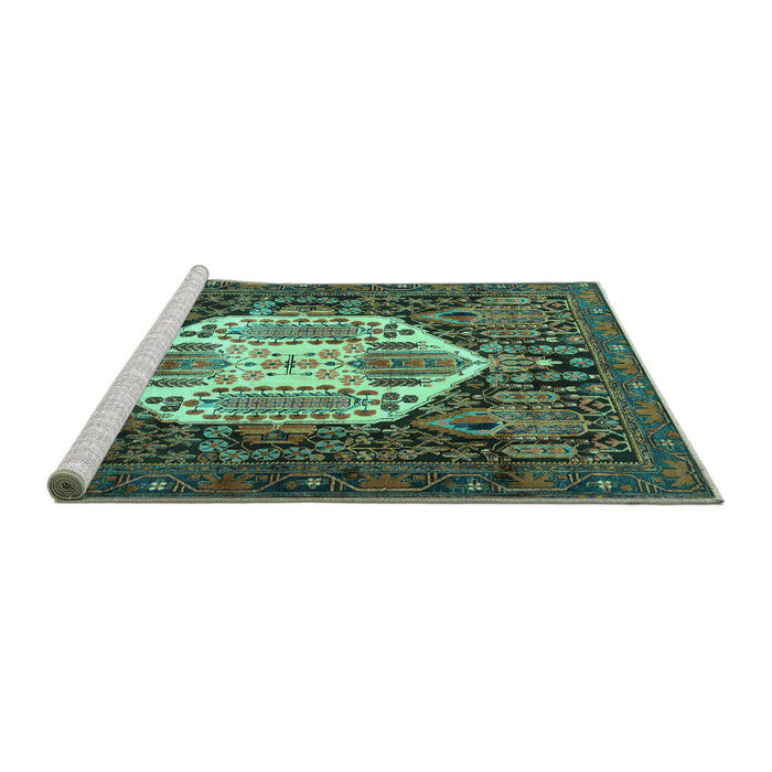 Sideview of Machine Washable Persian Turquoise Traditional Area Rugs, wshtr1398turq