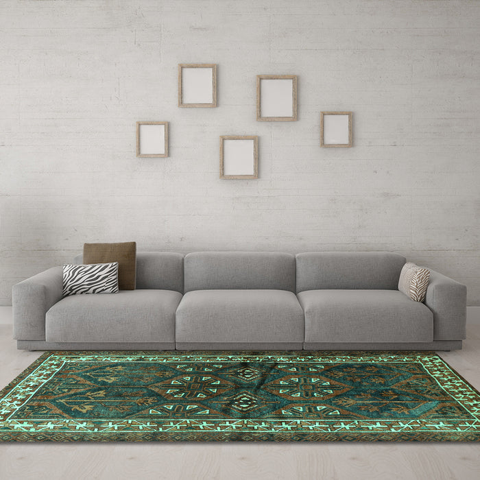 Machine Washable Persian Turquoise Traditional Area Rugs in a Living Room,, wshtr1399turq