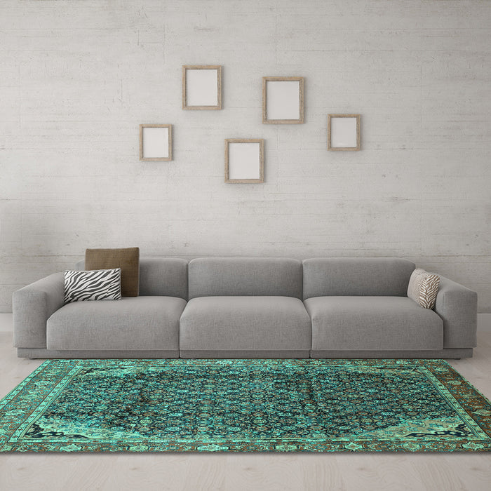Machine Washable Persian Turquoise Traditional Area Rugs in a Living Room,, wshtr139turq