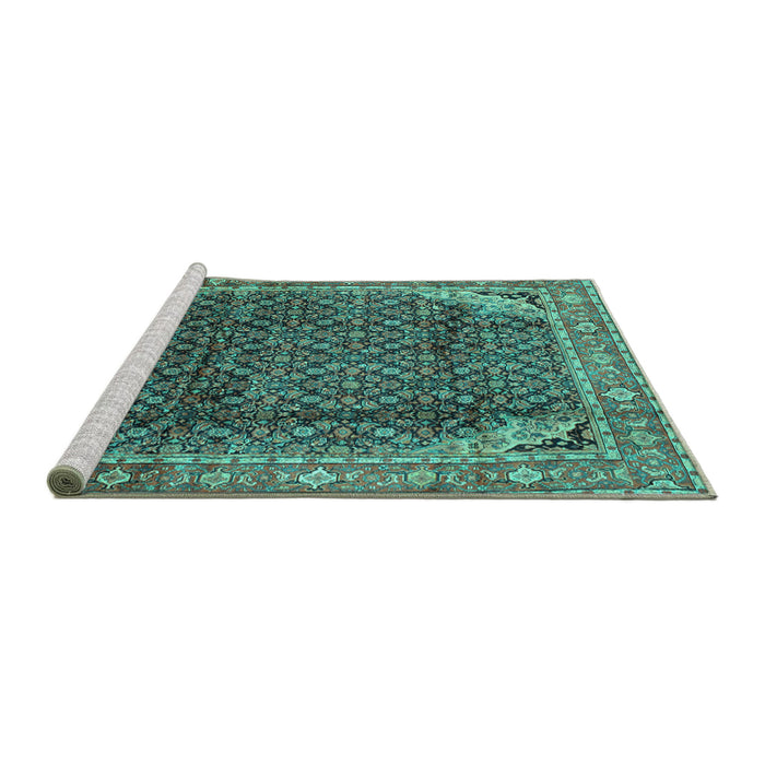 Sideview of Machine Washable Persian Turquoise Traditional Area Rugs, wshtr139turq