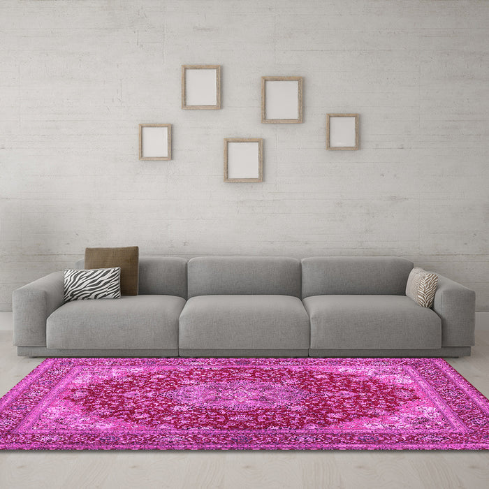Machine Washable Medallion Pink Traditional Rug in a Living Room, wshtr13pnk