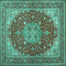 Square Machine Washable Medallion Turquoise Traditional Area Rugs, wshtr13turq