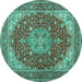 Round Machine Washable Medallion Turquoise Traditional Area Rugs, wshtr13turq