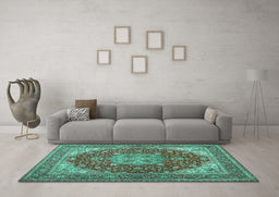 Machine Washable Medallion Turquoise Traditional Area Rugs in a Living Room,, wshtr13turq
