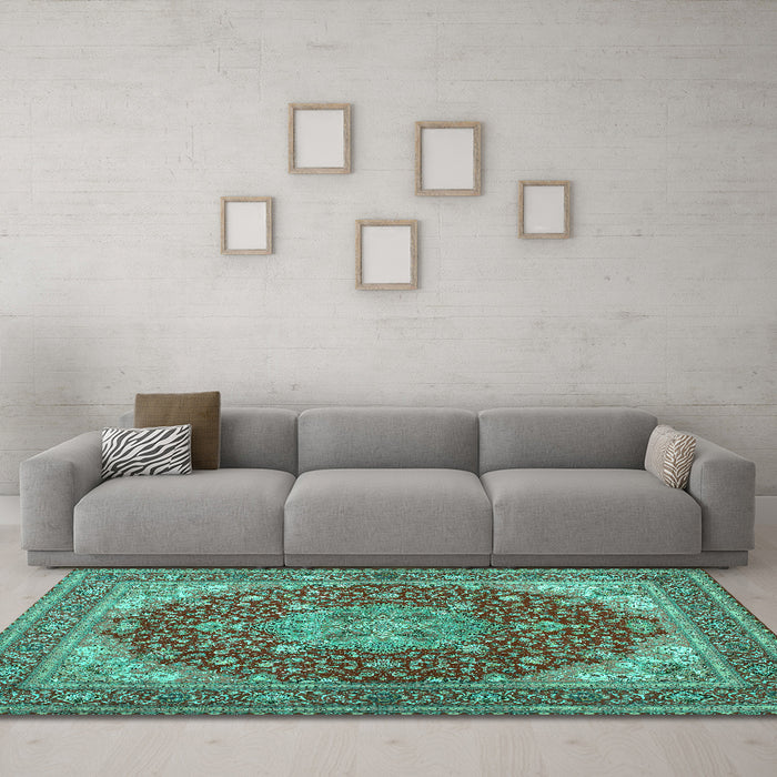Machine Washable Medallion Turquoise Traditional Area Rugs in a Living Room,, wshtr13turq