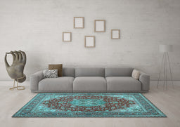 Machine Washable Medallion Light Blue Traditional Rug in a Living Room, wshtr13lblu