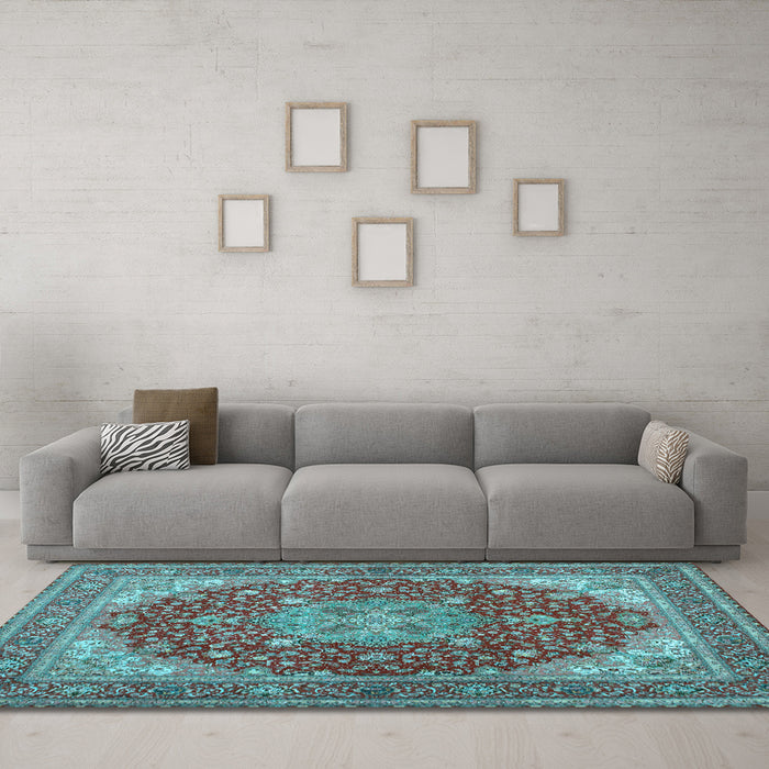 Machine Washable Medallion Light Blue Traditional Rug in a Living Room, wshtr13lblu