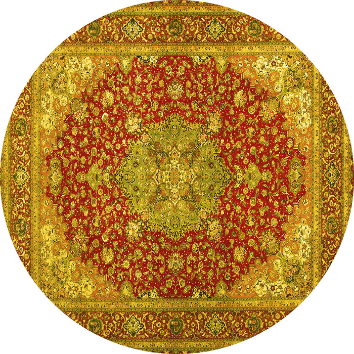 Round Machine Washable Medallion Yellow Traditional Rug, wshtr13yw