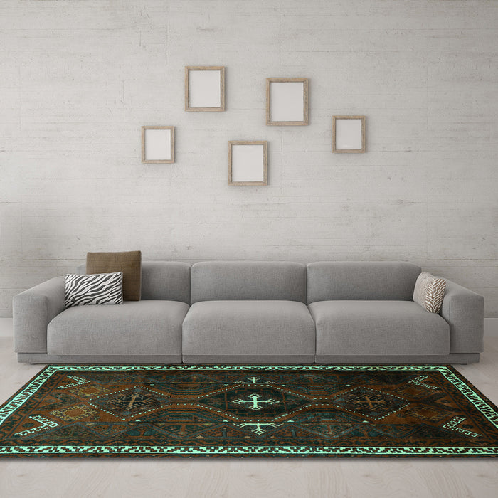 Machine Washable Persian Turquoise Traditional Area Rugs in a Living Room,, wshtr1402turq