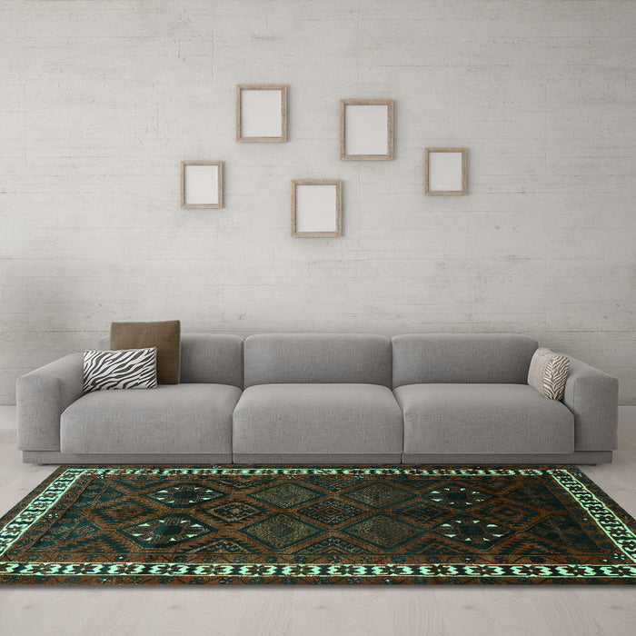 Machine Washable Persian Turquoise Traditional Area Rugs in a Living Room,, wshtr1404turq
