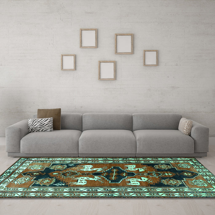Machine Washable Persian Turquoise Traditional Area Rugs in a Living Room,, wshtr1406turq