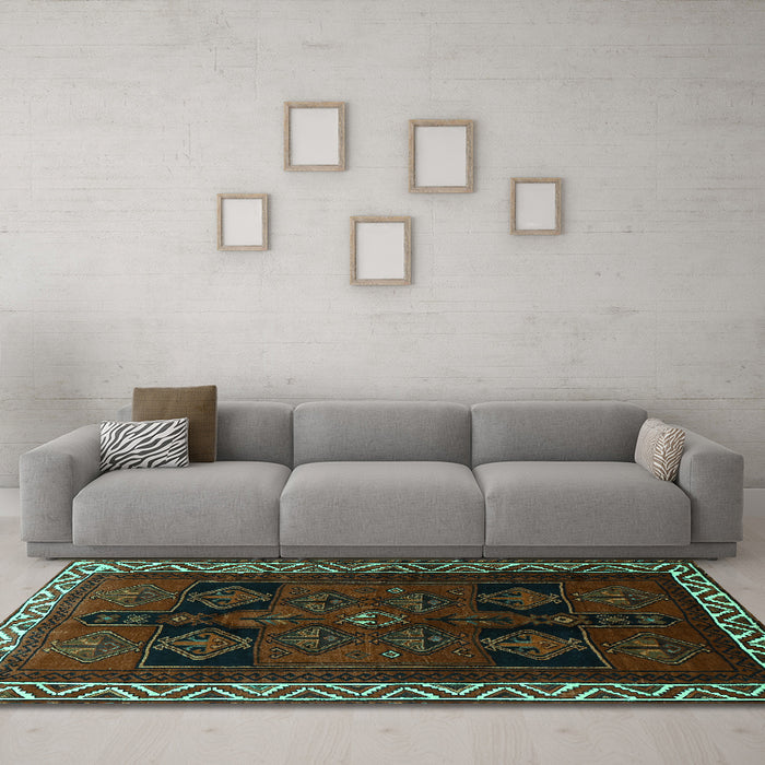 Machine Washable Persian Turquoise Traditional Area Rugs in a Living Room,, wshtr1407turq