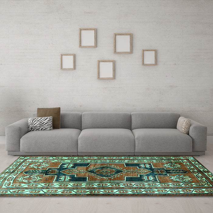 Machine Washable Persian Turquoise Traditional Area Rugs in a Living Room,, wshtr1408turq