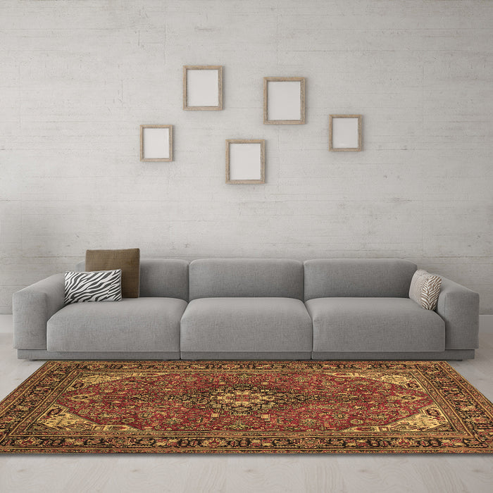 Machine Washable Medallion Brown Traditional Rug in a Living Room,, wshtr140brn