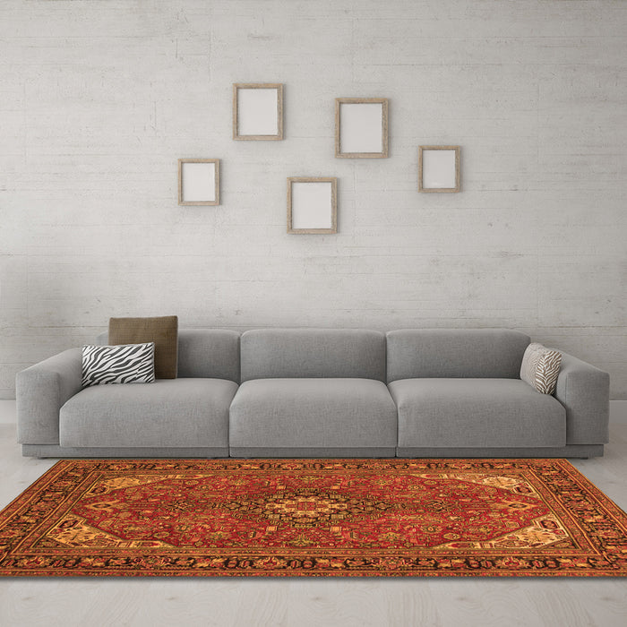 Machine Washable Medallion Orange Traditional Area Rugs in a Living Room, wshtr140org