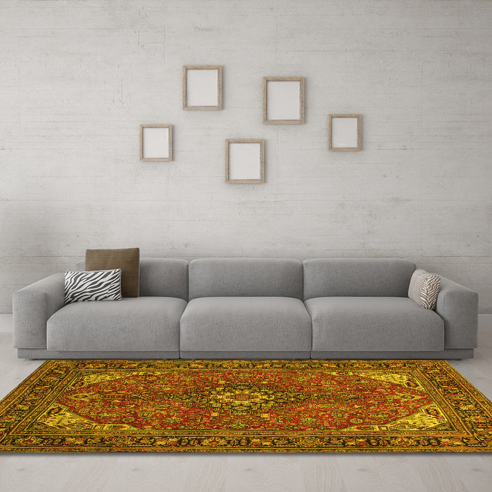 Machine Washable Medallion Yellow Traditional Rug in a Living Room, wshtr140yw