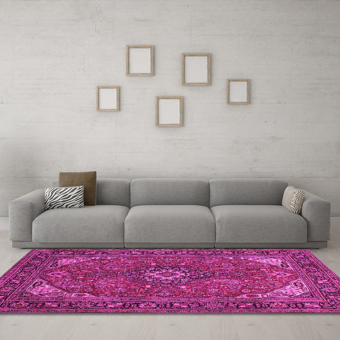 Machine Washable Medallion Pink Traditional Rug in a Living Room, wshtr140pnk