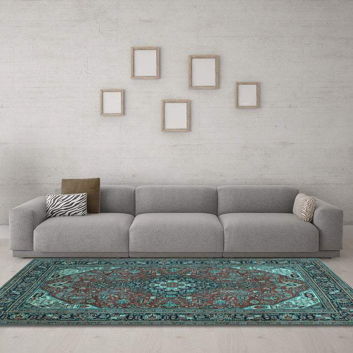 Machine Washable Medallion Light Blue Traditional Rug in a Living Room, wshtr140lblu