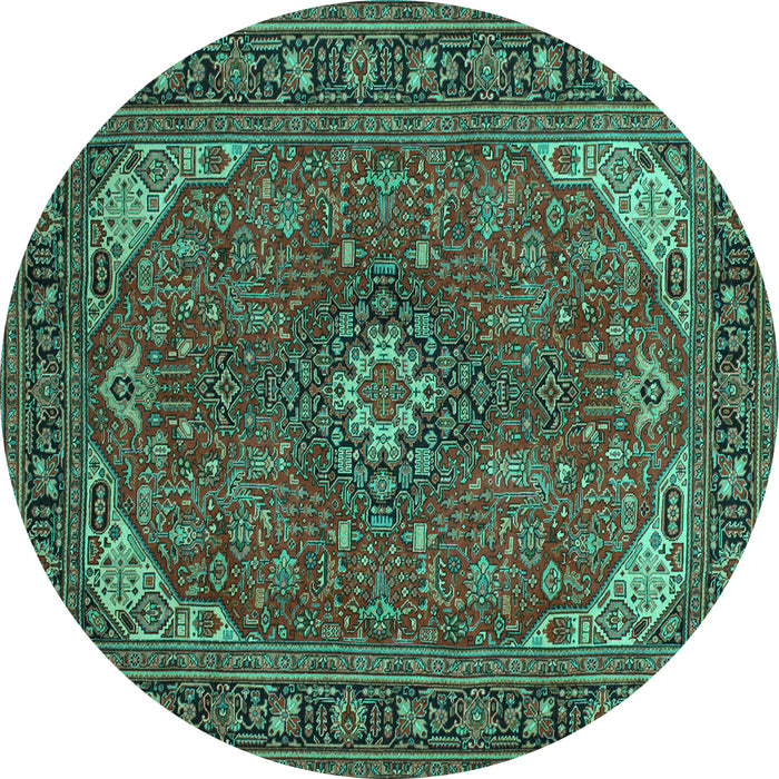 Round Machine Washable Medallion Turquoise Traditional Area Rugs, wshtr140turq