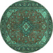 Round Machine Washable Medallion Turquoise Traditional Area Rugs, wshtr140turq