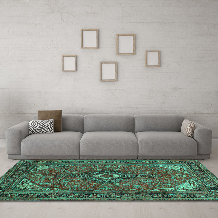 Machine Washable Medallion Turquoise Traditional Area Rugs in a Living Room,, wshtr140turq