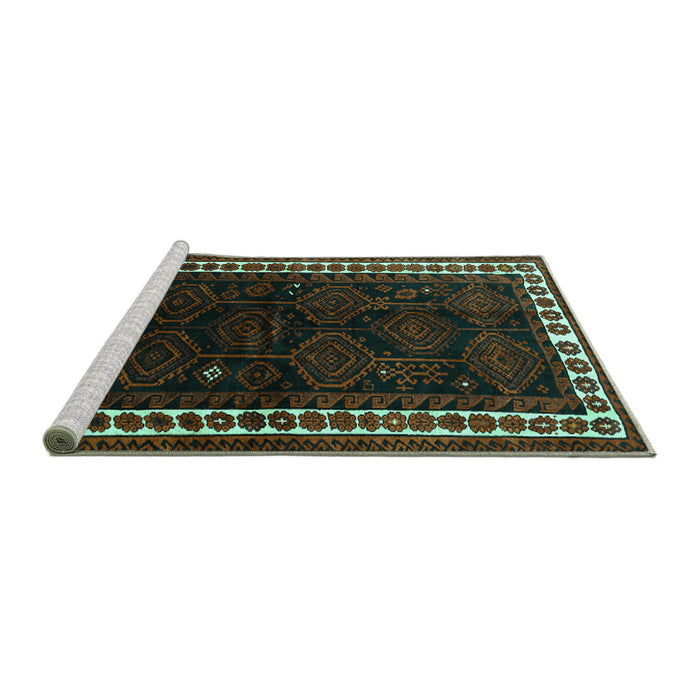 Sideview of Machine Washable Persian Turquoise Traditional Area Rugs, wshtr1410turq
