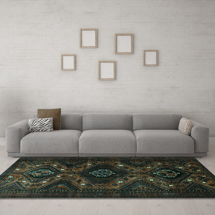 Machine Washable Persian Turquoise Traditional Area Rugs in a Living Room,, wshtr1411turq