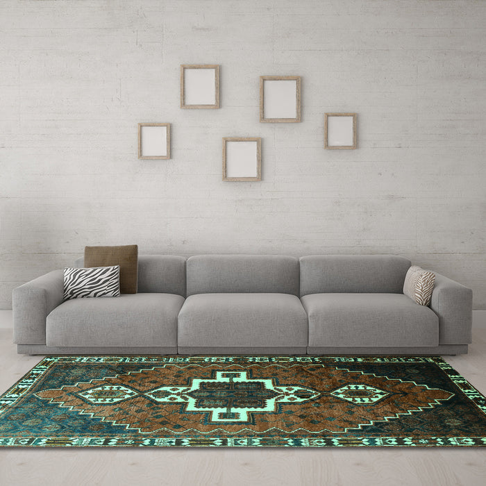 Machine Washable Persian Turquoise Traditional Area Rugs in a Living Room,, wshtr1412turq