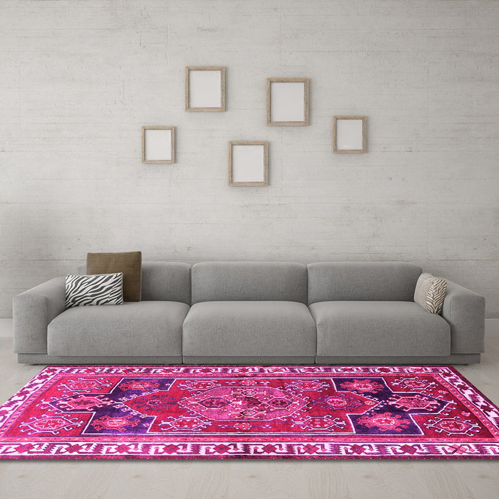 Machine Washable Persian Pink Traditional Rug in a Living Room, wshtr1413pnk