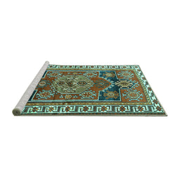Sideview of Machine Washable Persian Turquoise Traditional Area Rugs, wshtr1413turq