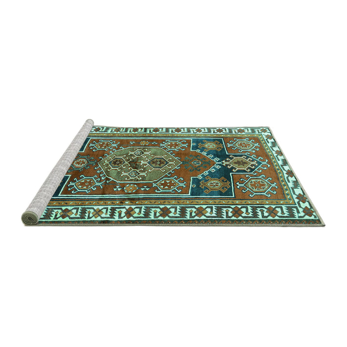 Sideview of Machine Washable Persian Turquoise Traditional Area Rugs, wshtr1413turq