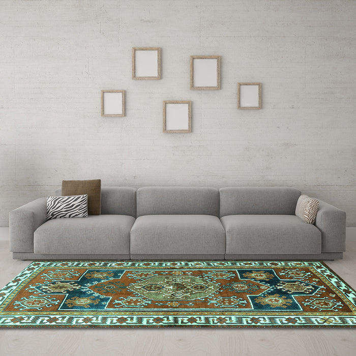 Machine Washable Persian Turquoise Traditional Area Rugs in a Living Room,, wshtr1413turq