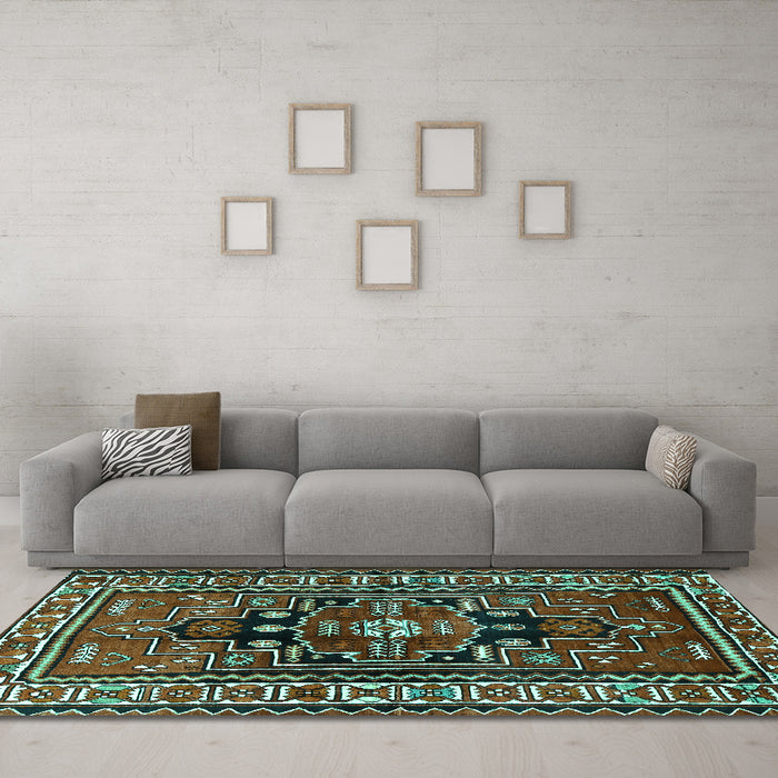 Machine Washable Persian Turquoise Traditional Area Rugs in a Living Room,, wshtr1415turq