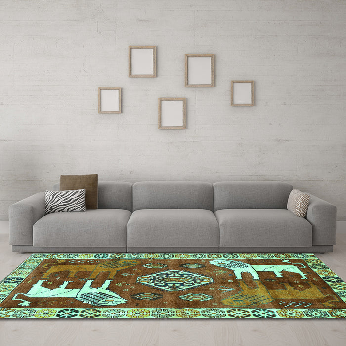 Machine Washable Animal Turquoise Traditional Area Rugs in a Living Room,, wshtr1417turq